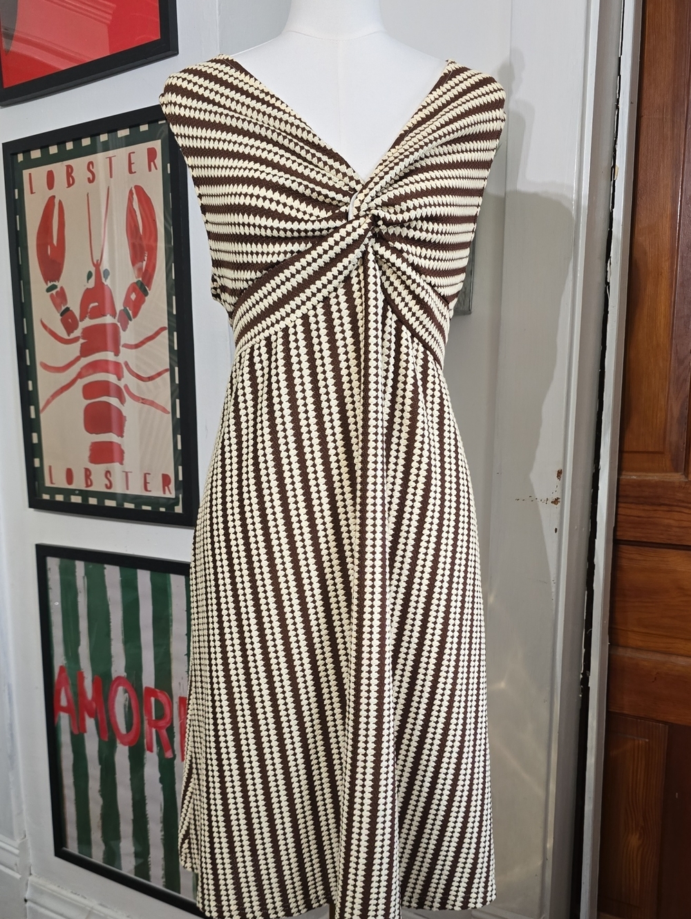 Boho Ethnic Twist-Front Striped A-Line Dress in Brown & Cream
